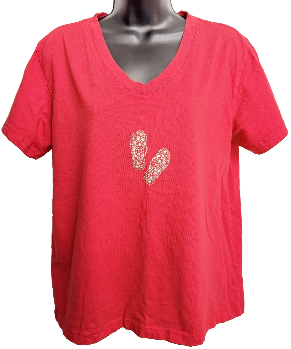 VTG Fresh Produce Studded T-Shirt Womens Medium Red Short Sleeve V-Neck USA Made